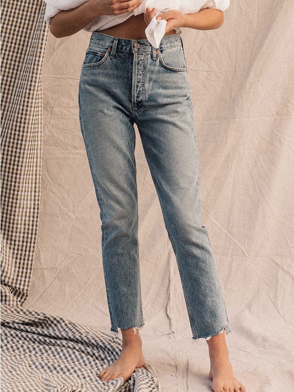 AGOLDE Light Blue High-Rise Button-Fly Jeans cropped raw hem Riley High Rise